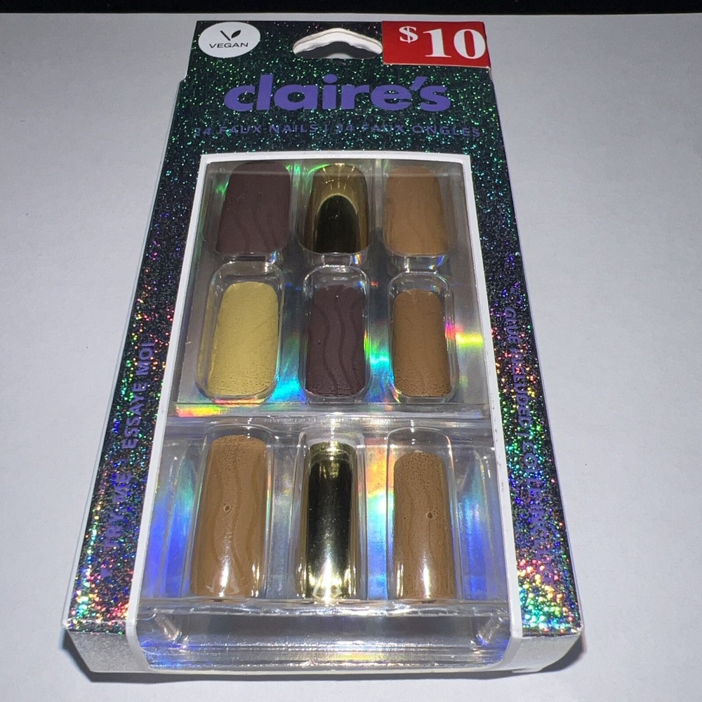 24pc Claire's Fake False Press On Glue On‎ Nails Vegan Gold Brown